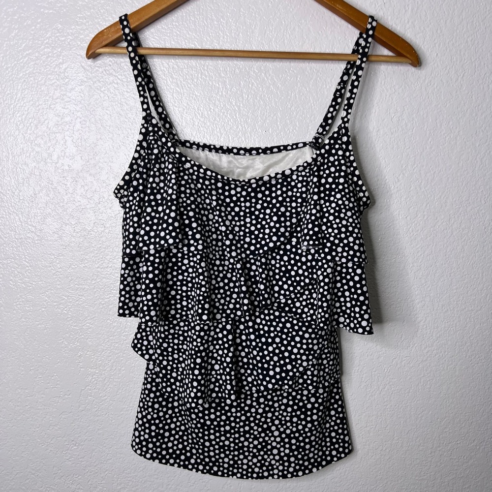 Miraclesuit Women Black White Polka Dot Tiered Ruffle Tankini Top Size 10 - Picture 2 of 10